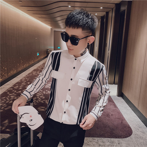 男士衬衫修身条纹百搭帅气百搭潮流上衣服衬衣工作服精神小伙P50图片
