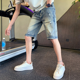 2025夏季夏季男士破洞五分裤直筒牛仔潮流薄款破洞痞帅P50，男装牛仔裤，电商A270