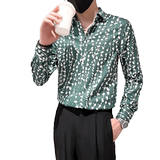 2025秋季男士长袖衬衫韩版修身发型师痞帅工作服绿色P55，男装衬衫，电商A270