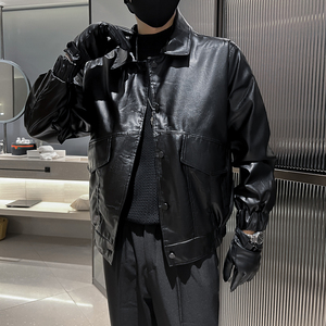 翻领皮衣男潮牌时尚暗黑痞帅皮夹克2025春秋季新款外套-AP916-p88图片