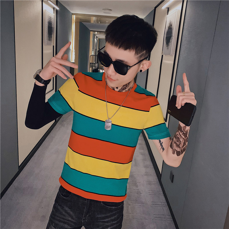 夏季男士青年条纹T恤彩虹短袖半袖时尚个性网红潮流衣服潮牌P38图片