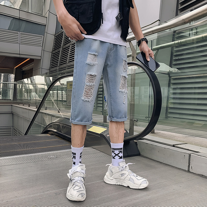 2025男夏季短裤韩版潮流牛仔裤七分裤破洞浅色7分裤网红中裤-p45图片