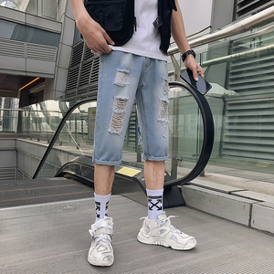 2025男夏季短裤韩版潮流牛仔裤七分裤破洞浅色7分裤网红中裤-p45图片