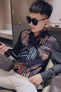 男士衬衫修身痞帅炸街帅气百搭潮流上衣服衬衣工作服精神小伙P50图片