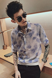 韩版宽松衣服夏季薄款潮流七分袖衬衣精神小伙短袖花衬衫帅气P40，男装T恤，电商A270