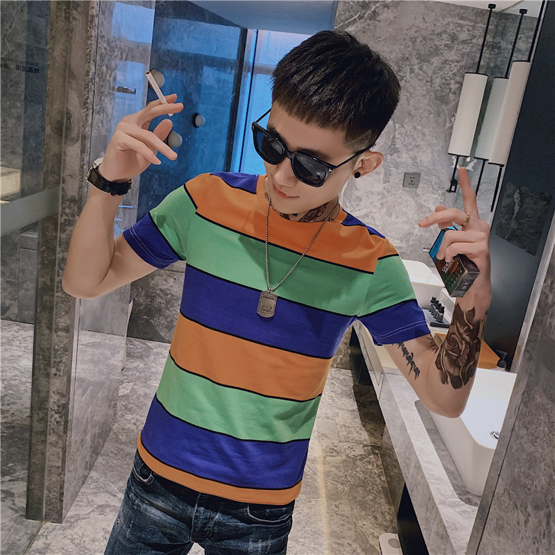 夏季男士圆领条纹T恤彩虹短袖半袖时尚个性网红潮流衣服潮牌P38图片