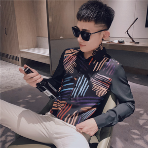 男士衬衫修身痞帅炸街帅气百搭潮流上衣服衬衣工作服精神小伙P50图片