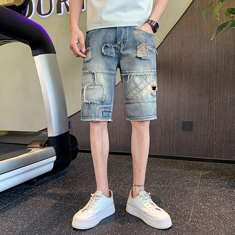 夏季男士牛仔裤裤子短裤修身潮流破洞薄款2025新款痞帅P50控78,男装牛仔裤,电商A270