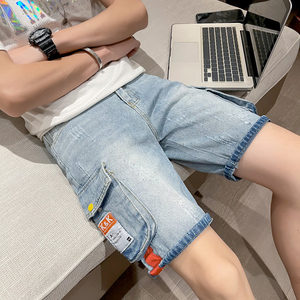 2021男夏季短裤韩版潮流牛仔裤工装五分裤破洞浅色立体裤网红p55图片