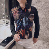 男士衬衫修身彩虹条纹帅气百搭潮流上衣服衬衣工作服精神小伙P50，男装衬衫，电商A270