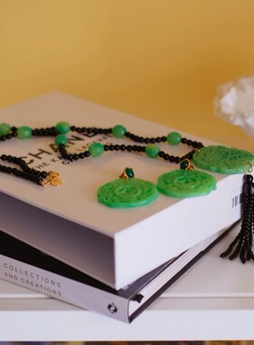 vintage toccata KJL 绿色 玉石 流苏 耳针 项链 套装