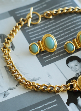 vintage Elizabeth Taylor for Avon 绿色玉石 项链 耳夹 套装