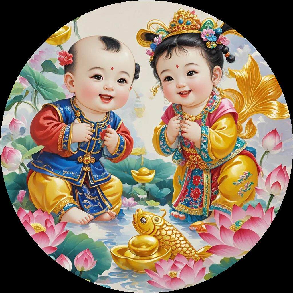 中国风招财福娃宝宝圆形贴纸门窗衣柜玄关客厅墙壁自粘防水贴纸