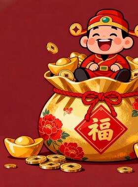 卡通福袋财神爷高清墙面贴画玄关房间出租屋防水装饰贴纸自带背胶