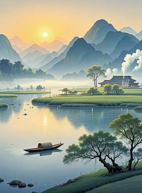风景田野漫卷画轻纱云霞自粘贴中式贴画出租房墙上映照如真室内