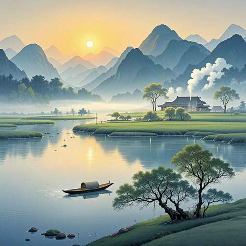 风景田野漫卷画轻纱云霞自粘贴中式贴画出租房墙上映照如真室内