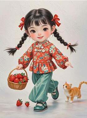 可爱大花棉袄小姑娘装饰贴画卧室客厅走廊自粘贴纸书房餐厅防水画