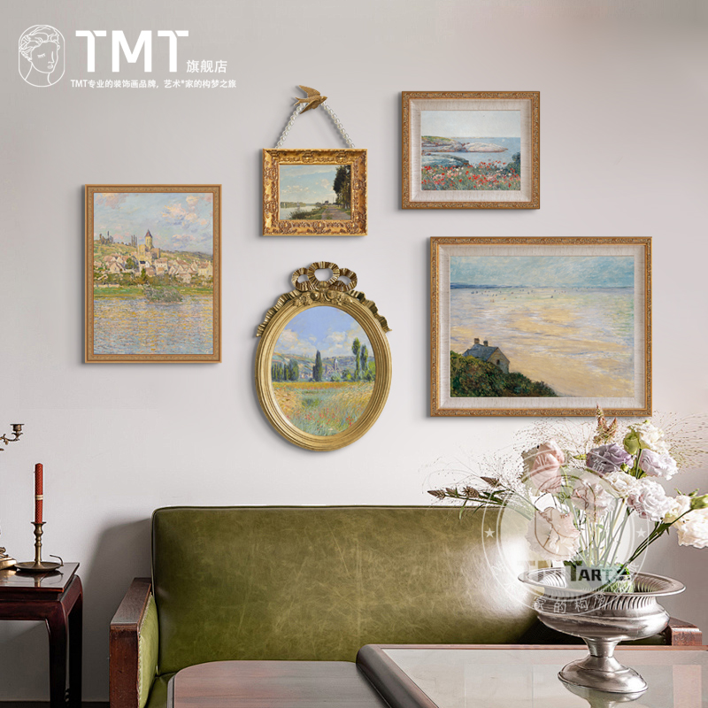 莫奈风景法式轻奢客厅餐厅组合挂画覆古高级感酒店样板房装饰画