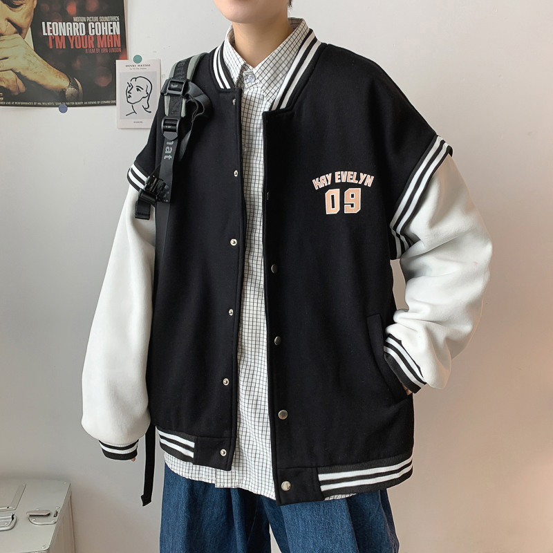 Fake two baseball collar student sports couple coat port wind black
