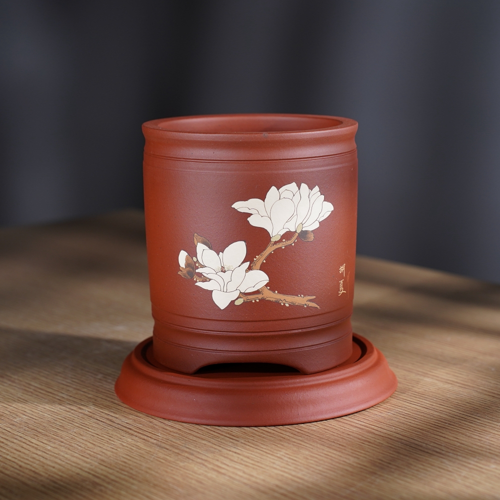 高圆口彩绘泥绘春兰矮种兰花紫砂