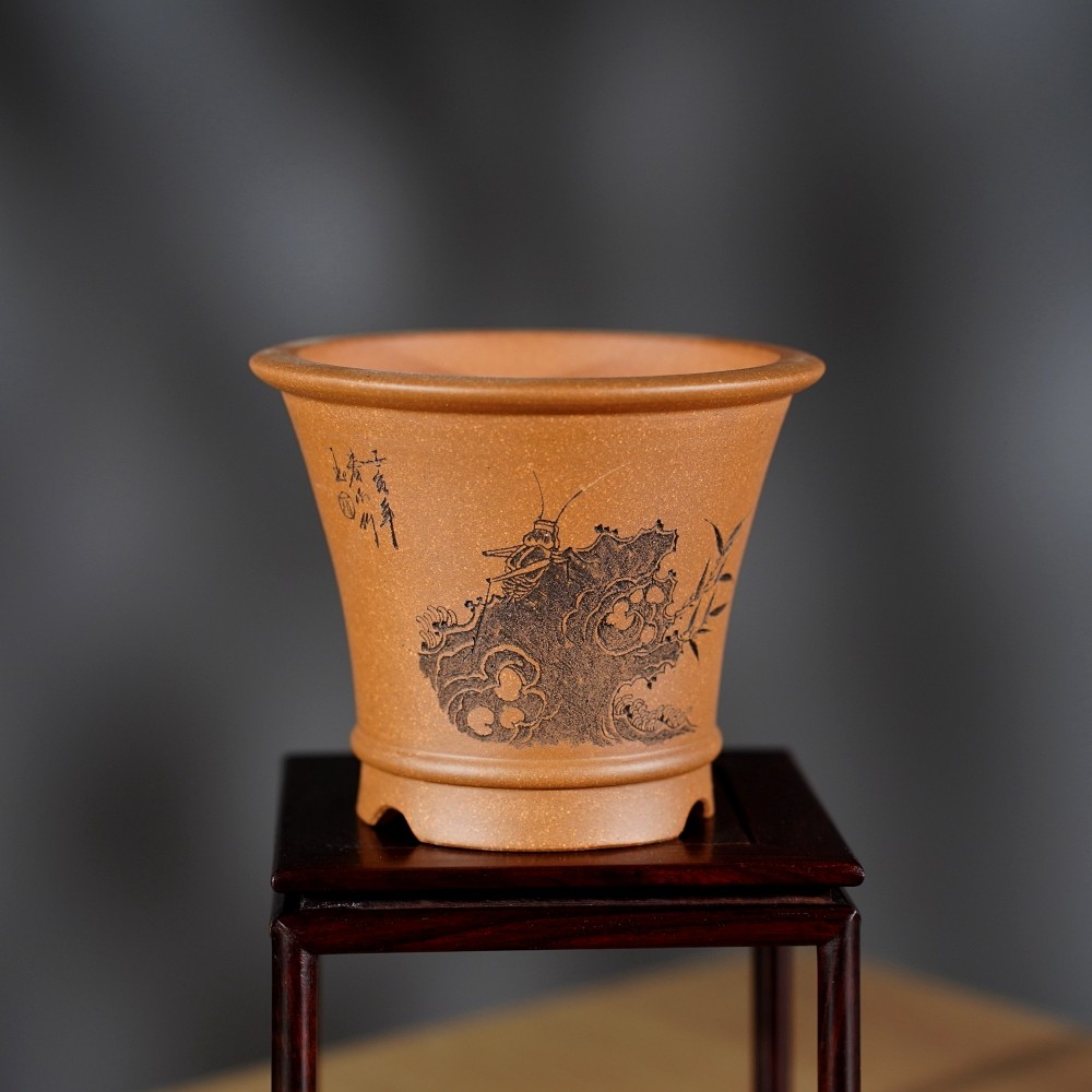 新款名家唯珍宜兴原矿段泥圆口微型小号迷你精手工细刻绘紫砂花盆