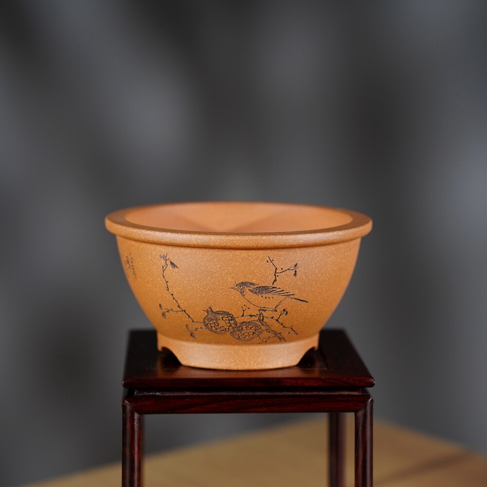 新款名家宜兴原矿段泥圆口微型小号迷你手工精细刻绘唯珍紫砂花盆