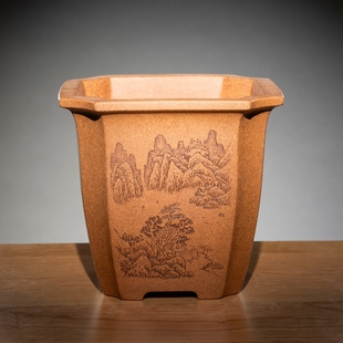 高档精品名家许成安宜兴原矿老段泥高四方切角飘口紫砂签筒千筒盆