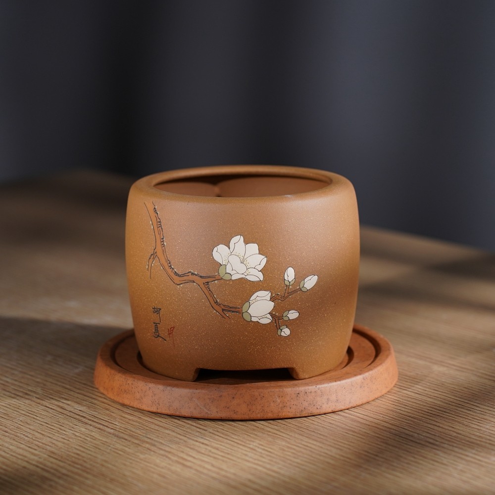 高档精品正宗宜兴原矿段泥高手精工泥绘白玉兰窝口圆口多肉盆景盆,鲜花速递/花卉仿真/绿植园艺,花盆,淘宝优惠券,粉丝福利购,淘宝优惠卷