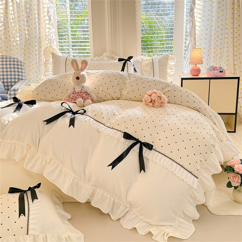 韩版公主款蝴蝶结床上用品四件套水洗棉少女花边被套宿舍三件套