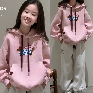 波拉韩国童装女童加绒卫衣秋冬新款儿童洋气卡通连帽上衣中大童潮