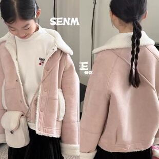 现货波拉韩国童装女童羊羔毛大衣秋冬款儿童皮衣夹克皮毛一体外套