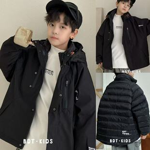 波拉韩国童装男孩冲锋衣秋冬款儿童90白鸭绒外套女童中长款羽绒服