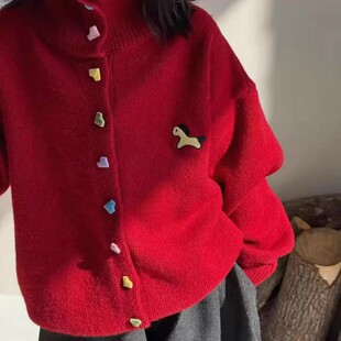波拉韩国儿童装红色羊毛衫圆领针织开衫女童圣诞毛衣年装