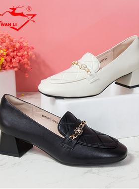 万里新款粗跟乐福鞋真皮英伦方头豆豆鞋中跟小皮鞋女单鞋KMT2396