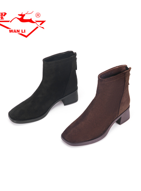 万里新款短靴时尚后拉链高帮女鞋百搭粗跟圆头时装靴BNA6143
