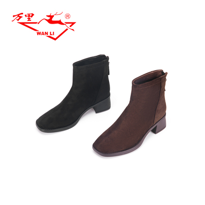 万里新款短靴时尚后拉链高帮女鞋百搭粗跟圆头时装靴BNA6143