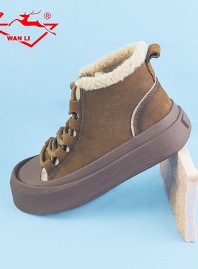 万里冬季女鞋舒适加绒真皮平底棉鞋百搭圆头厚底鞋SXT6879