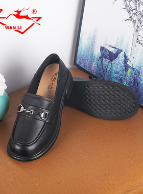 万里新款英伦风乐福鞋简约舒适真皮休闲一脚蹬粗跟单鞋HDT2150DS
