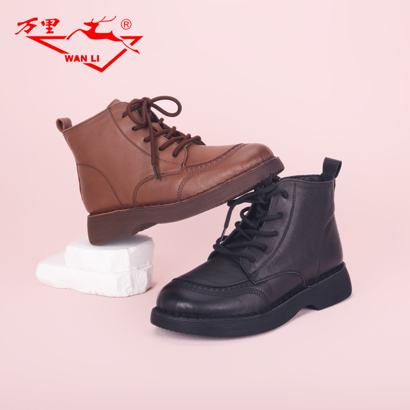 万里新款真皮复古马丁靴舒适加绒棉鞋时尚侧拉链女短靴HYT616