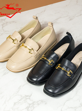 万里新款真皮乐福鞋时尚马衔扣英伦女单鞋粗跟软底低帮鞋KMT2389