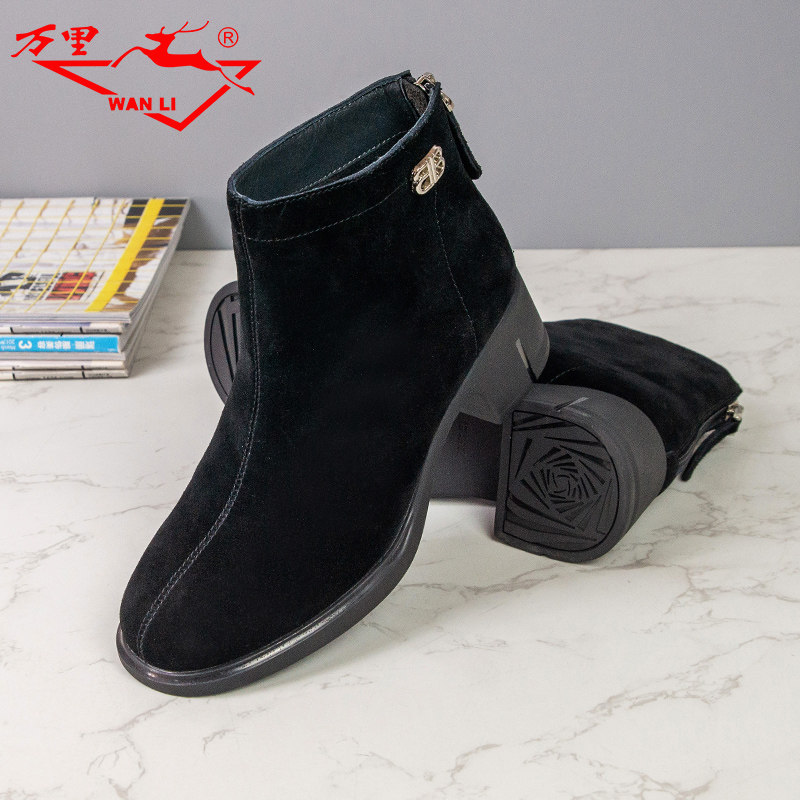万里新款真皮女靴时尚牛绒短靴百搭粗跟高帮女鞋时装靴KMT6751