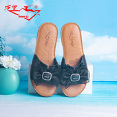 女凉拖鞋 万里新款 百搭真皮露趾蝴蝶结低跟休闲时尚 HAT4359