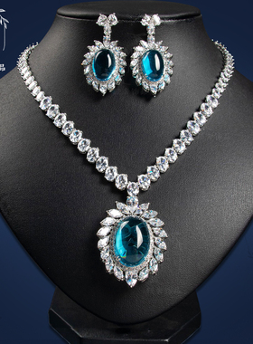 复古中式镶钻大蛋面耳环项链首饰