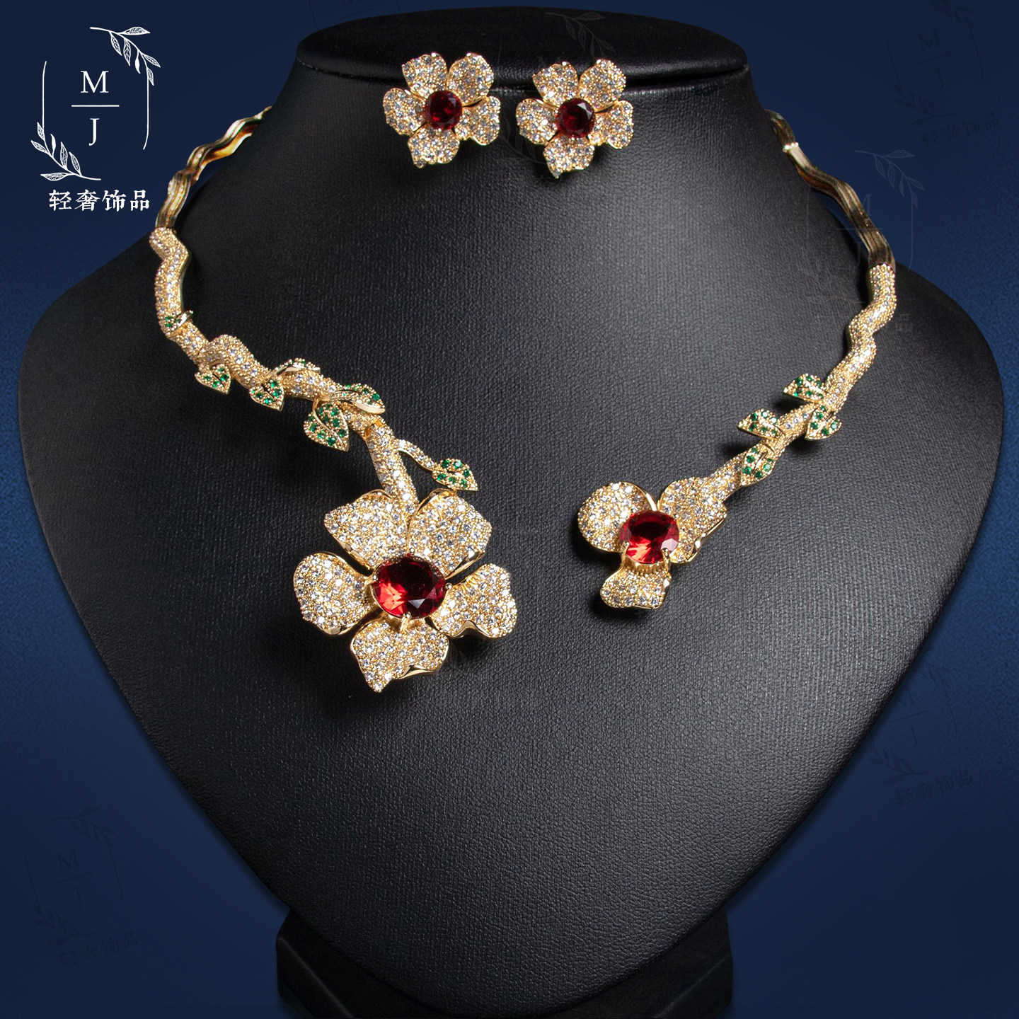 高级感花朵微镶锆石项链耳环项圈两件套装聚会Vintage镀18K金首饰