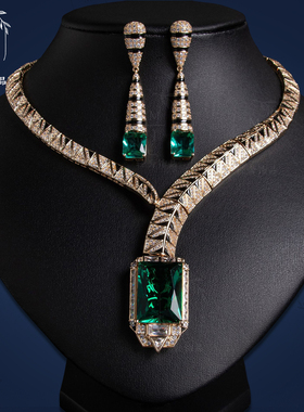 欧美名媛方钻锆石项链耳环套装