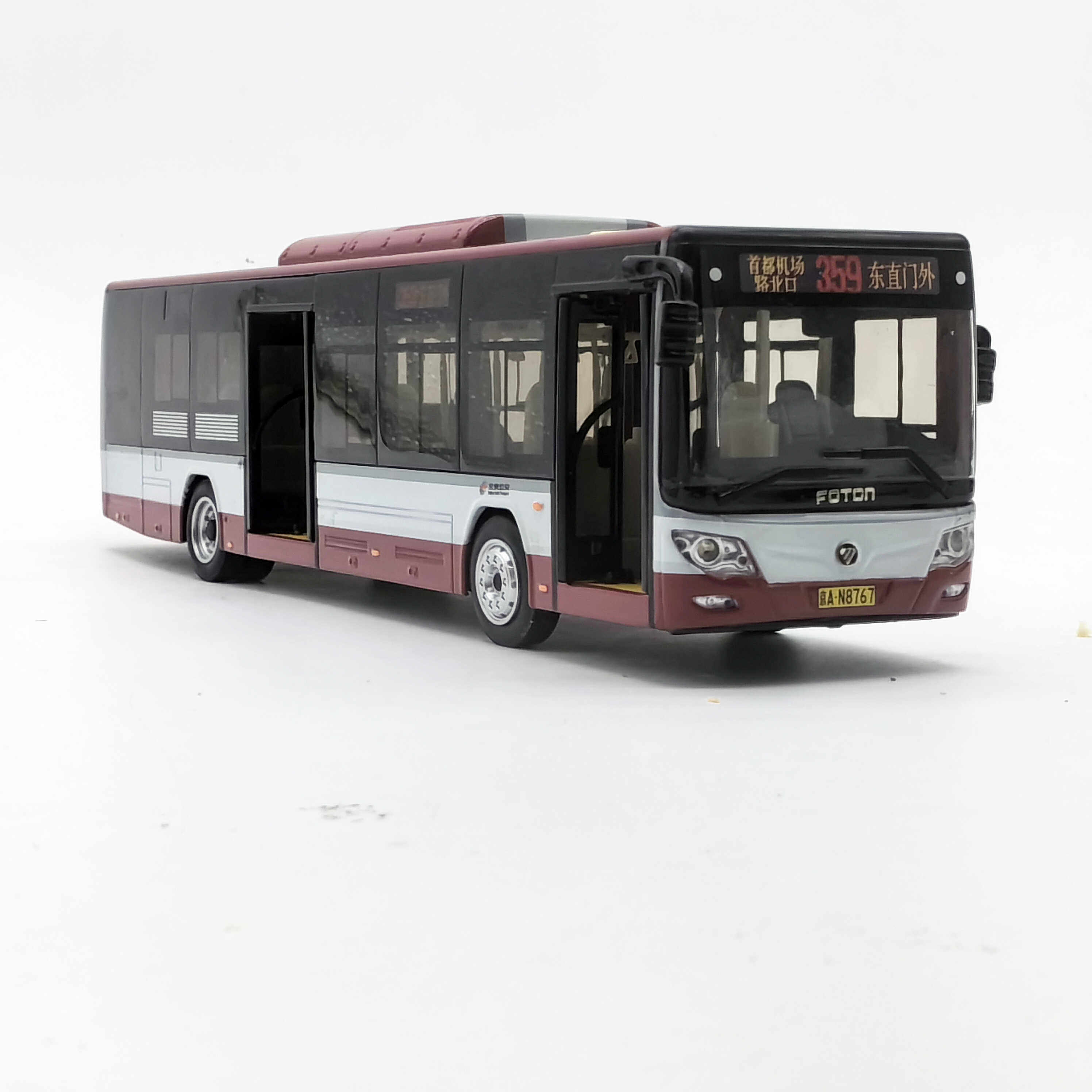 1:43北京公交模型玩具车双层福田客车北电巴士合金359路枣泥红色