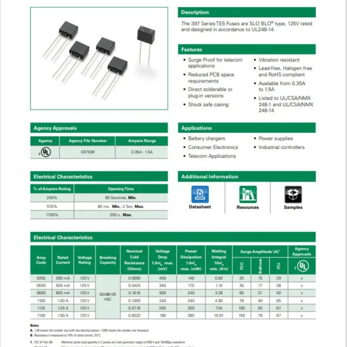 方形397 T1.25A 1250MA 125V TE5保护慢熔断器保险丝 39711250000