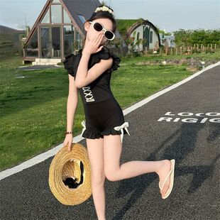 儿童连体泳衣防走光洋气女童速干泳装 12岁女孩公主花边平角游泳裤