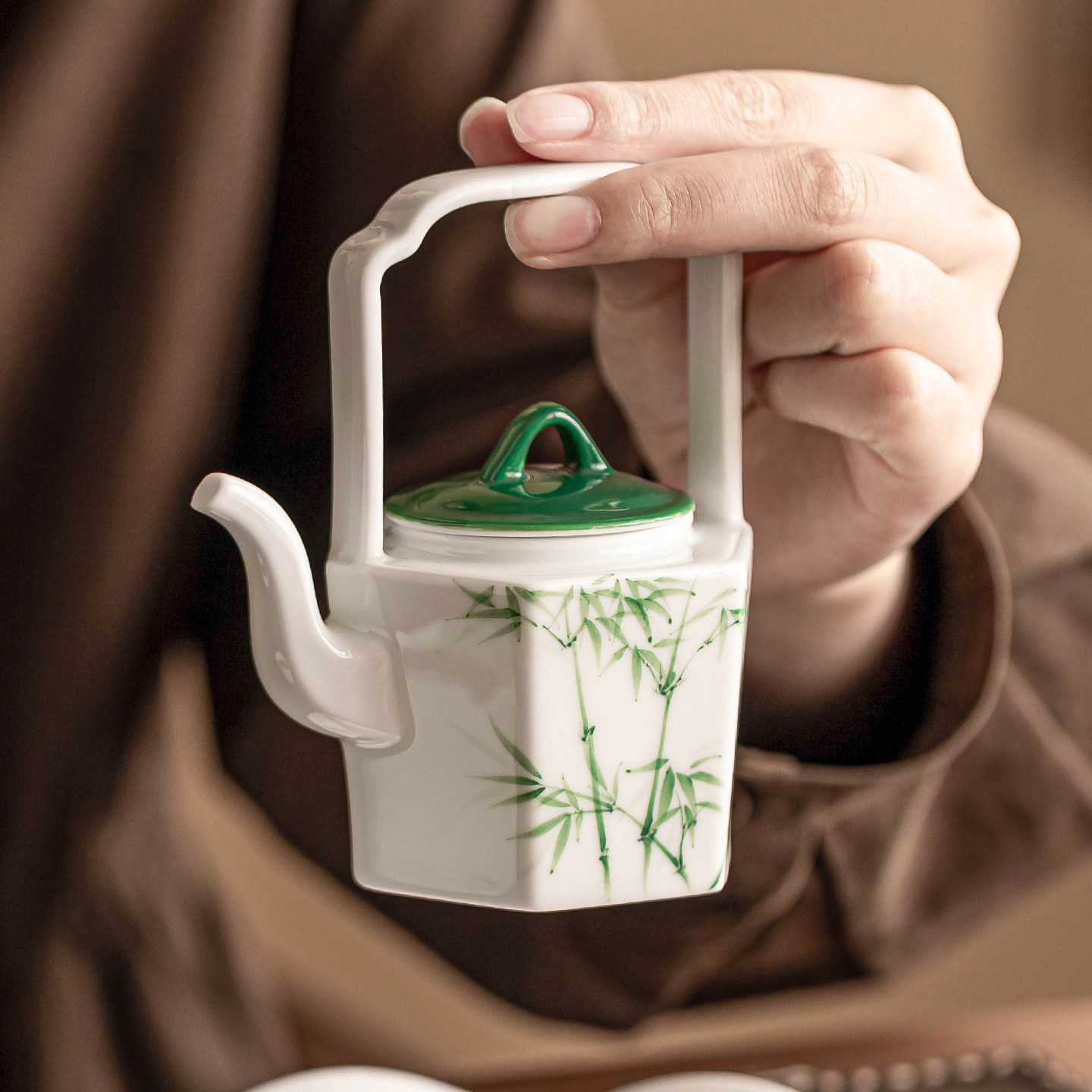 极素手绘青小竹提梁壶中式带过滤茶壶覆古陶瓷功夫茶具家用泡茶器