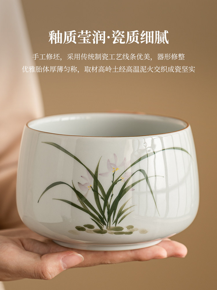 吉素纯手绘兰花建水茶洗大特大号水碗茶碗陶瓷茶具配件桌面茶渣罐